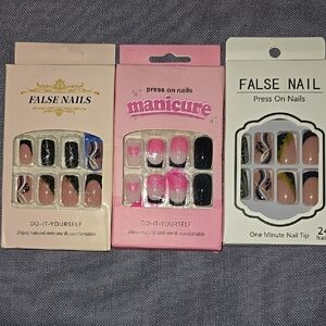 3 False Nails Press On Set - Black, Pink, Nude
